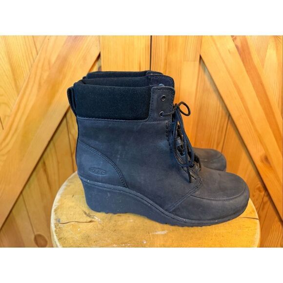 Keen Shoes - Keen Akita Black Leather Lace-Up Comfort Wedge Ankle Boots Size 8